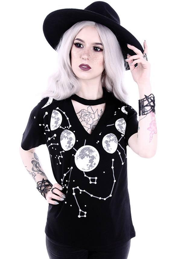 Soft Black Cotton Oversized Moon Phases V - Neck T - Shirt
