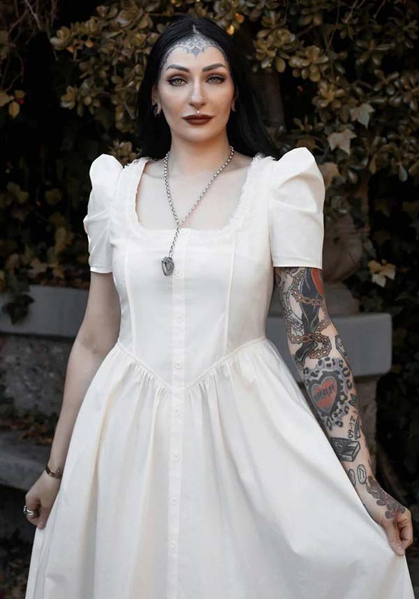 Elegant Ivory Gothic Dress by Lively Ghosts with Lace Details