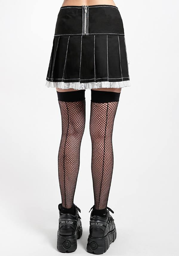 Lolita Monochromatic Black and White Pleated Skirt with Lace, Chains, Eyelets, and D - rings