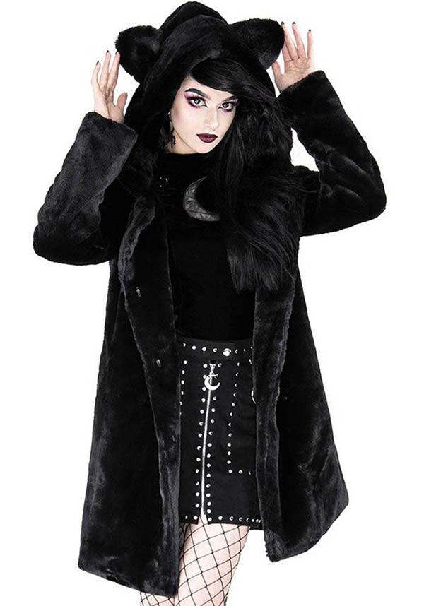 Stylish Restyle Black Faux Fur Winter Coat with Cat Ears