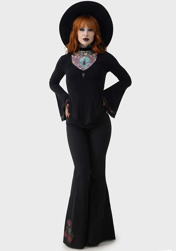 Stunning Blood Rose Embroidered Bell Flares with Pockets