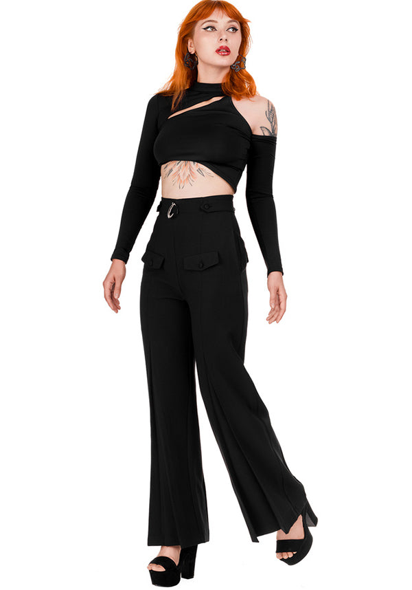 Restyle's Gothic Loretta Crescent Sky High Flared Pants for Corporate Goth Babes