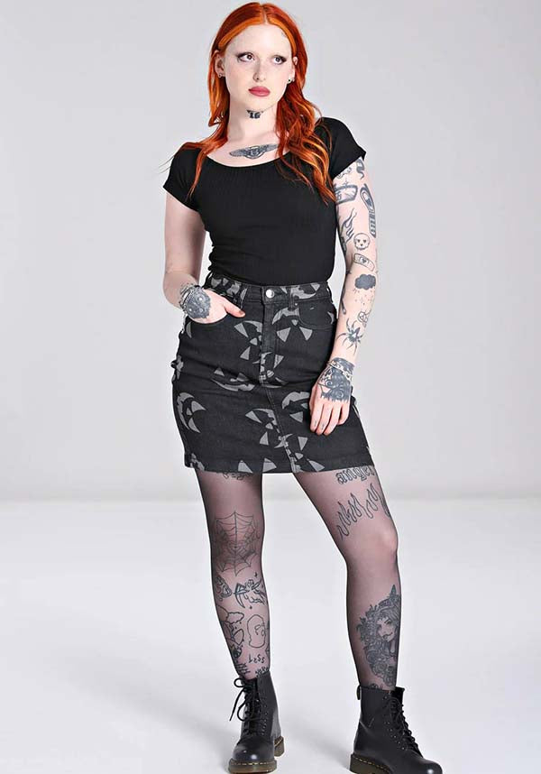 Hell Bunny's Black Jack-O-Lantern Denim Mini Skirt for Halloween