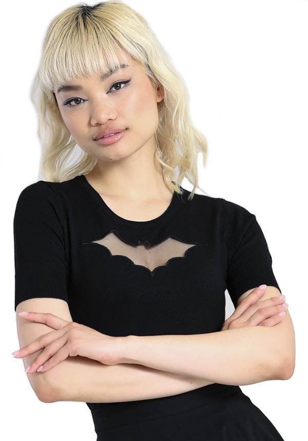Vintage Black Knit Top with Spooky Mesh Cut-Out Bat Design