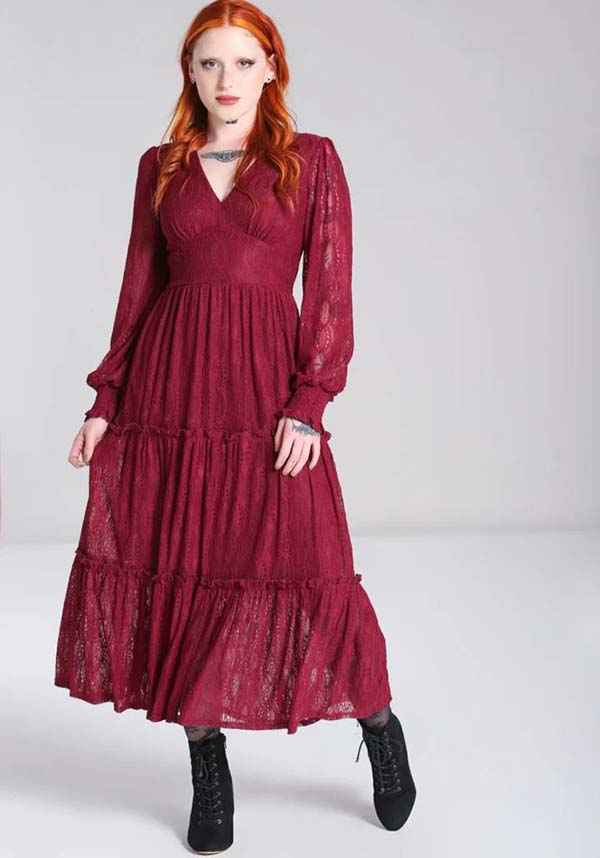 Hell Bunny's Enchanting Burgundy Lace Rhea Maxi Dress