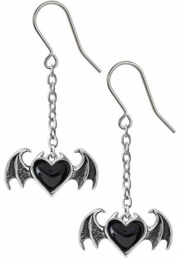 Antiqued Pewter Black - Enamelled Heart Stud Earrings with Bat Wing Design