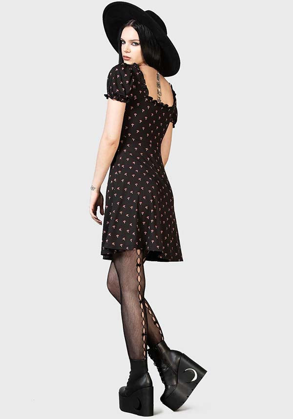 Poisonpie Mini Dress with Mushroom Print and Adjustable Neckline