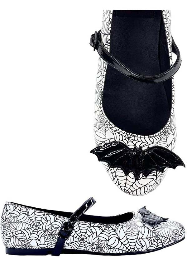 Strangecvlt White/Black Mary Jane Bat Spiderweb Flat Shoes for Alternative Fashion Lovers