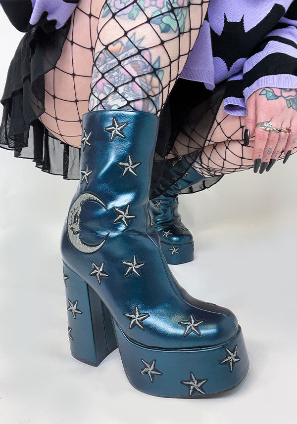 Enchanted Mooncraft Teal-Colored Heeled Chunky Ankle Boots for Women