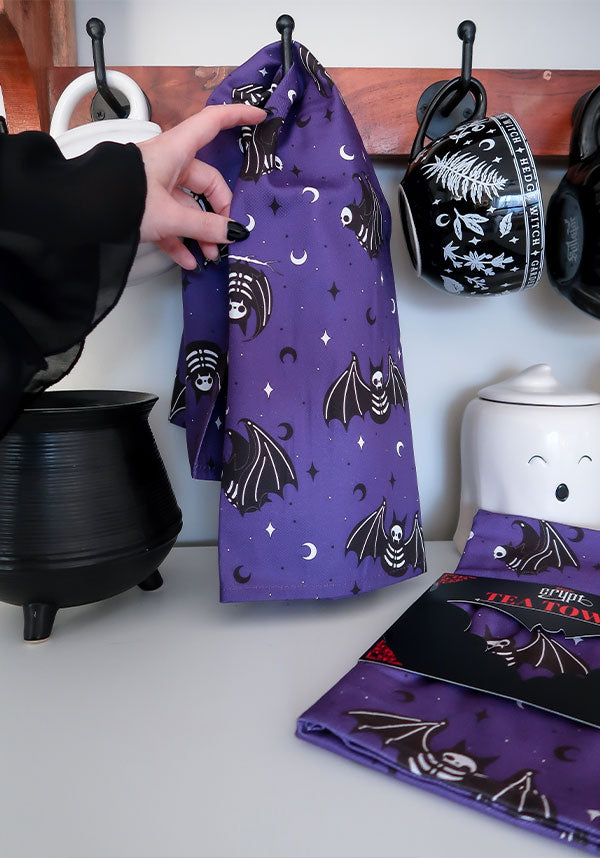Gothic-Inspired Batty Bones Purple and Black Tea Towel