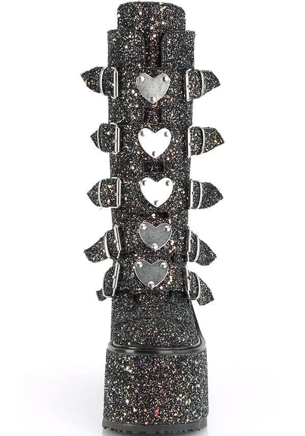 PREORDER: Demonia SWING-230G Platform Mid-Calf Boots in Black Multi Glitter Style