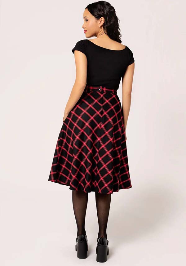 Hell Bunny Women's Janine Red and Black Tartan Midi Skirt