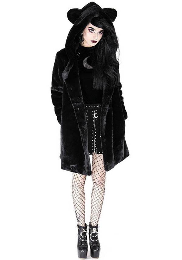 Stylish Restyle Black Faux Fur Winter Coat with Cat Ears