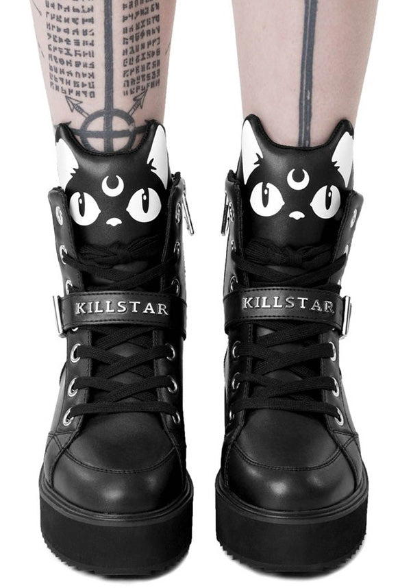 All - Black Luxe Faux Leather Keiko Kitty High Tops with Kitty Tongue