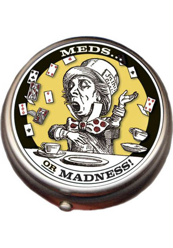 Mad Hatter Themed Chrome Pill Box with 'Meds or Madness' Design
