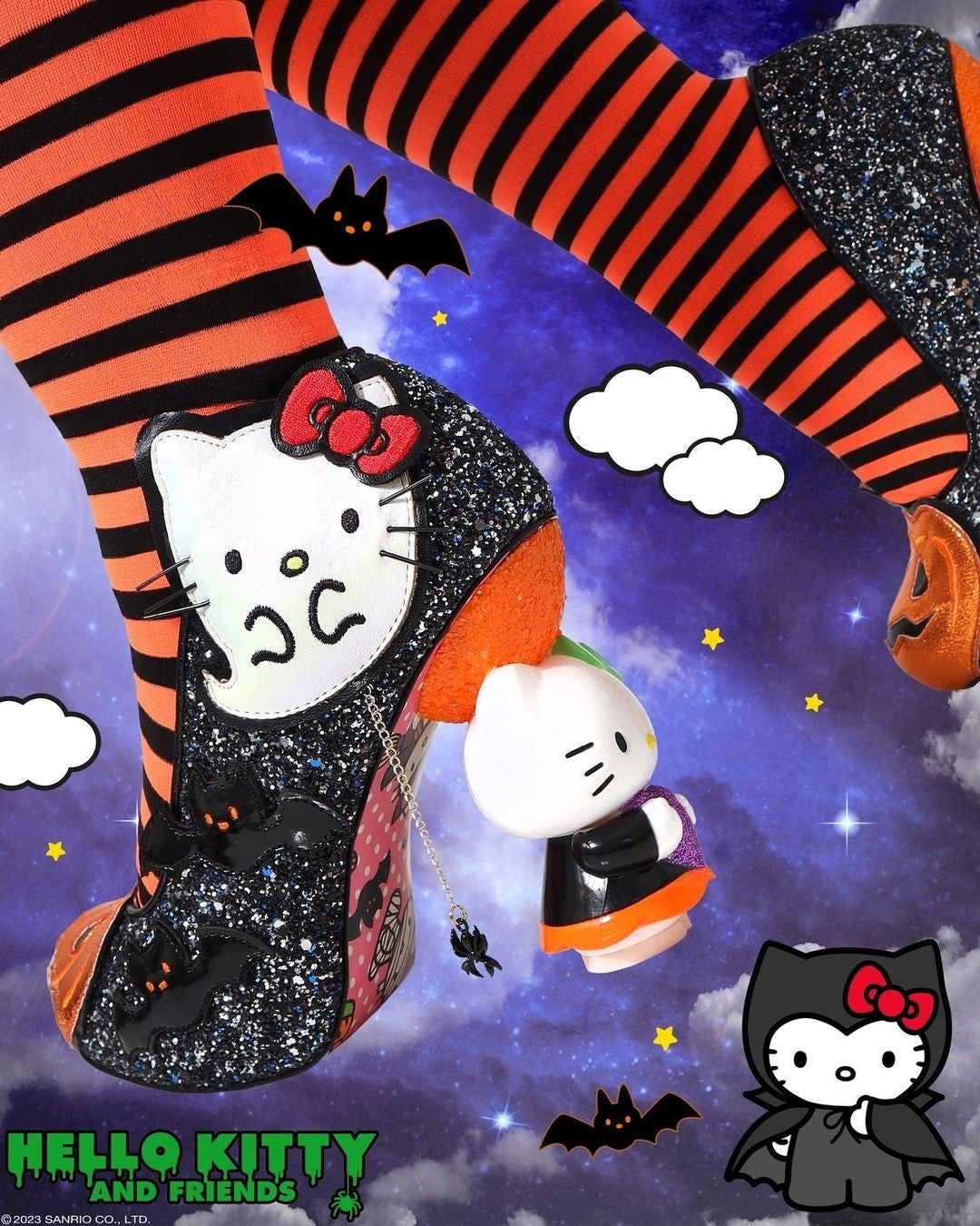 Spooky Black Pretty Pumpkin Hello Kitty Heels with Glitter