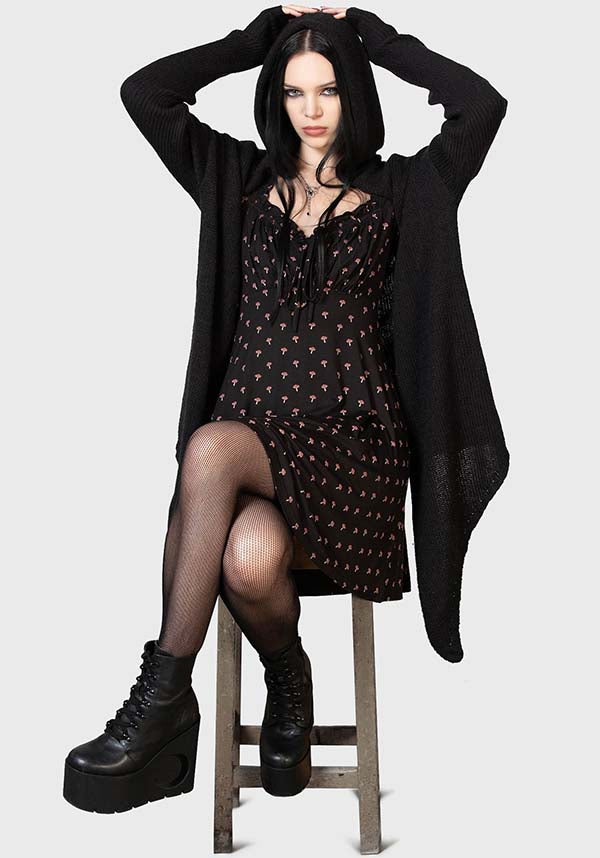 Poisonpie Mini Dress with Mushroom Print and Adjustable Neckline