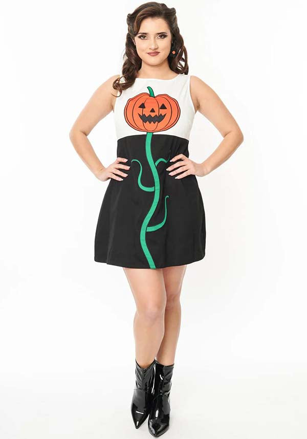 1960s Style Black and White Color - Blocked Pumpkin Head Embroidered Shift Dress