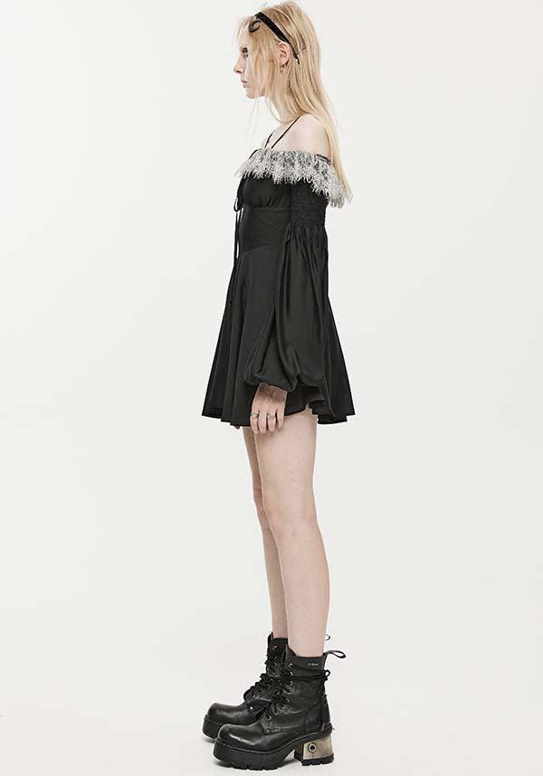 Sweet Girl Gothic-Inspired Off-Shoulder Chiffon Autumn Dress with Lace Accents