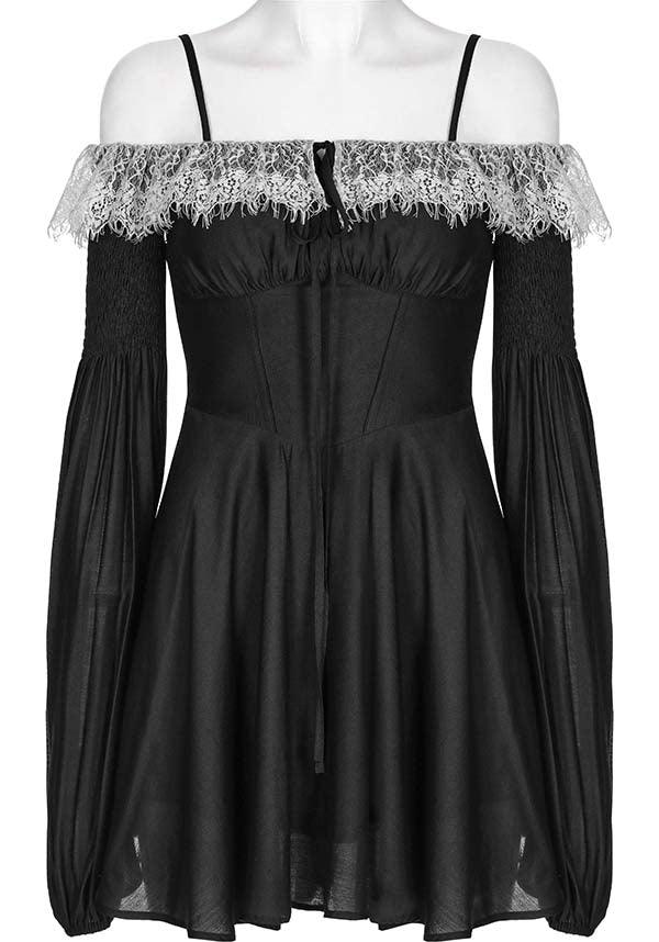 Sweet Girl Gothic-Inspired Off-Shoulder Chiffon Autumn Dress with Lace Accents