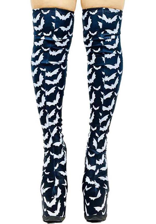 Labyrinth Bat Design Black and White Over-the-Knee Platform Boots