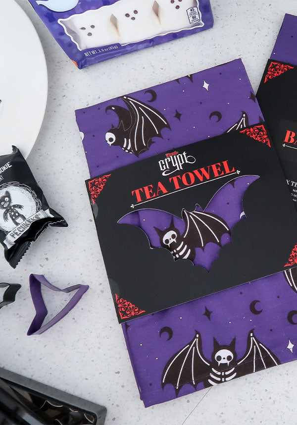 Gothic-Inspired Batty Bones Purple and Black Tea Towel