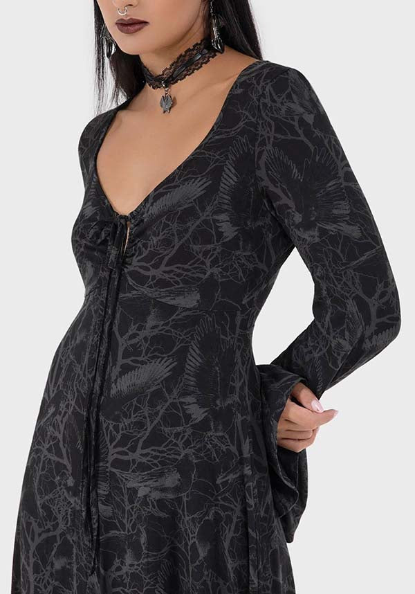 Stunning Raven Print Maxi Dress with Soft Stretch Fabric