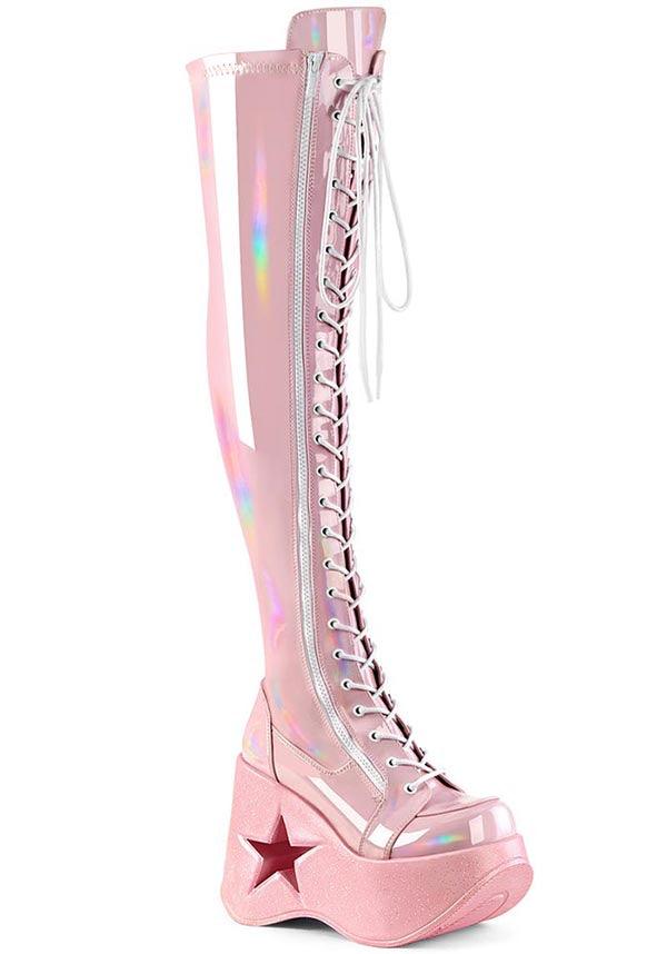 DYNAMITE-300 Baby Pink Holo Platform Thigh-High Preorder Lace-Up Boots