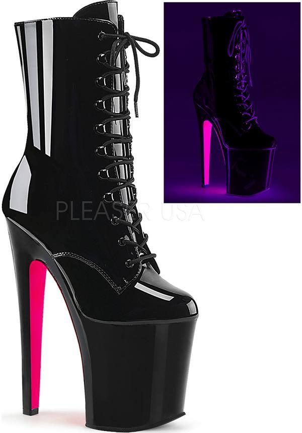 Pleaser XTREME-1020TT Patent Black and Neon Pink Two-Tone Platform Ankle Boots for Preorder