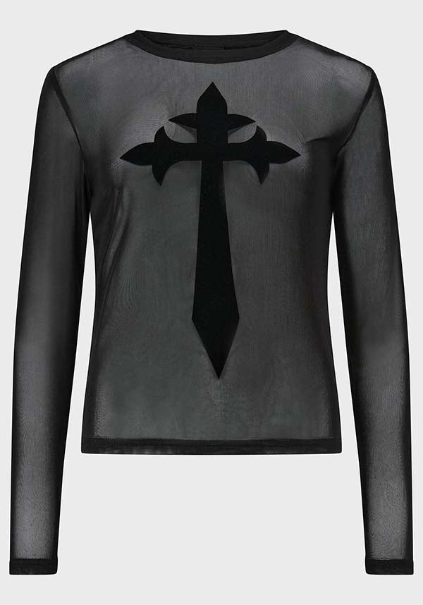 Mephitia Sheer Stretch Long-Sleeve Crew Neck Fitted TOP