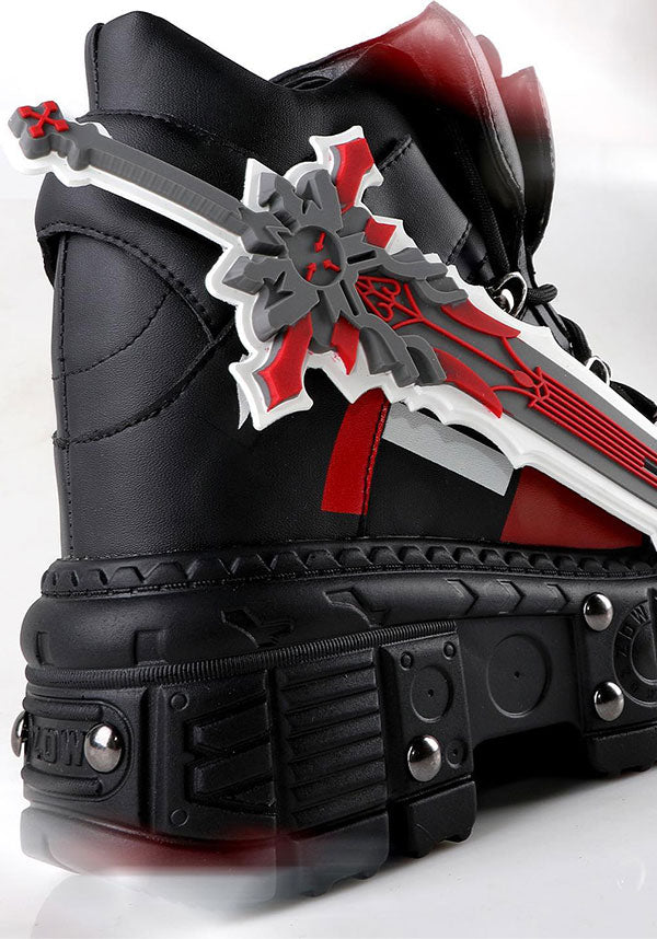 Genshin Impact Inspired Black Combat Platform Boots - Mangosteen-08 with Statement Sword Accessory