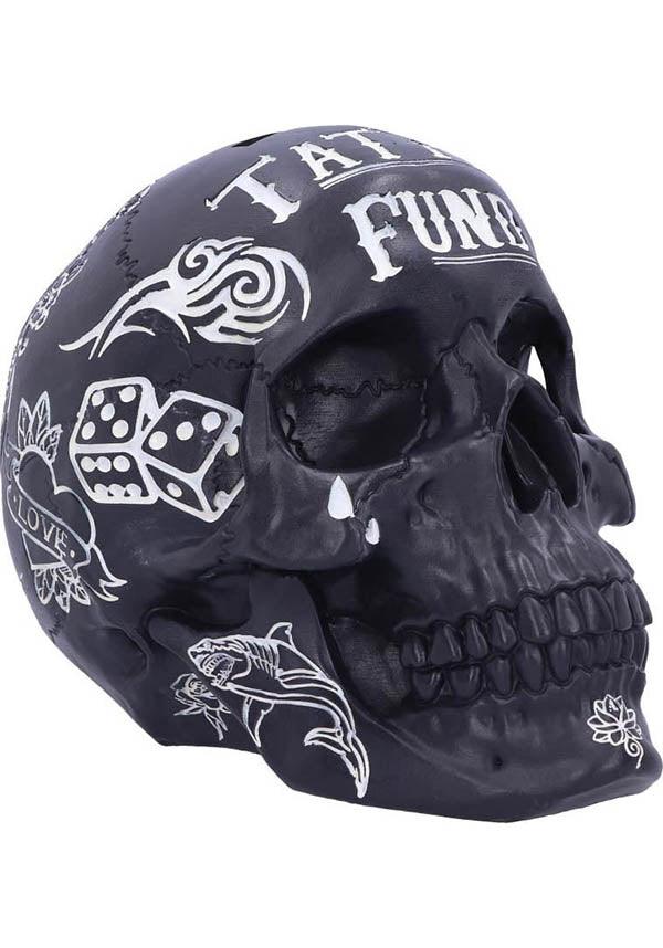 Black and White Gothic Tattoo-Style Skull Shaped Money Box for Saving Fund