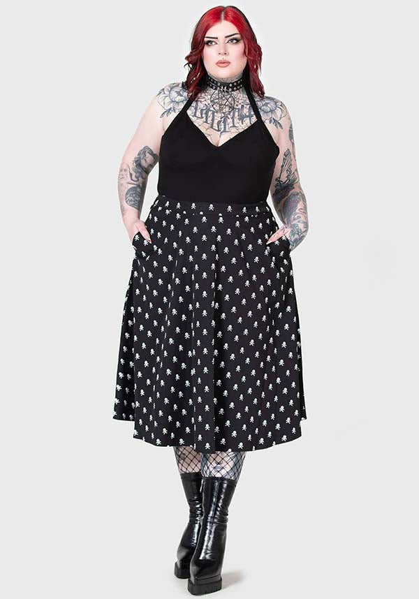 Lay Dead MIDI Skirt with Striking Skull Print