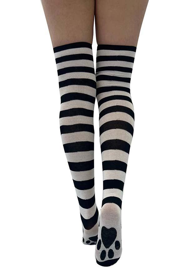Stylish Striped Paw Print Design Over-the-Knee Fashion Socks