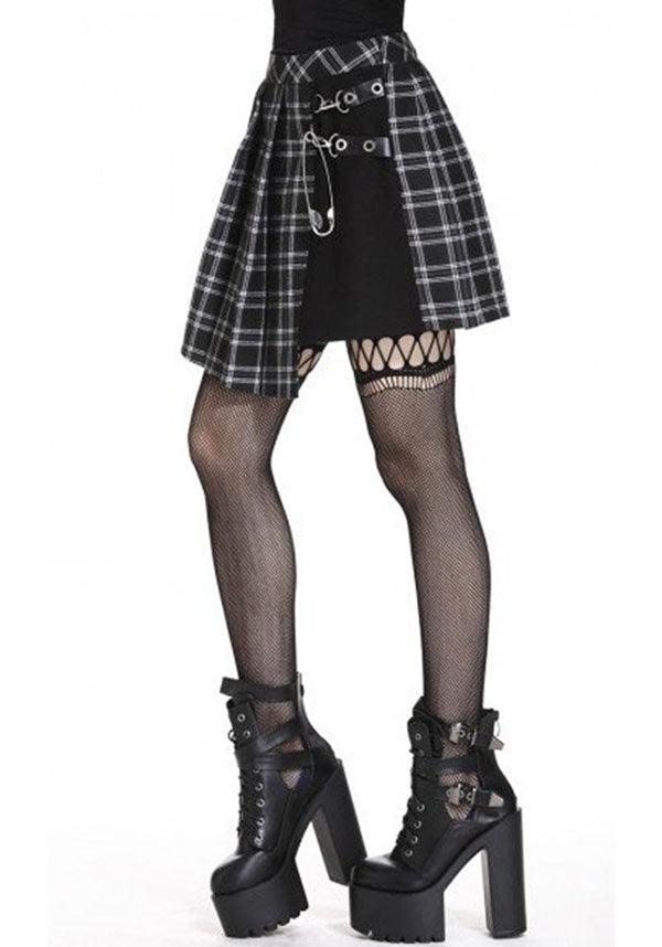 Black Tartan Grunge Style Irregular Hem Pleated Grid Skirt