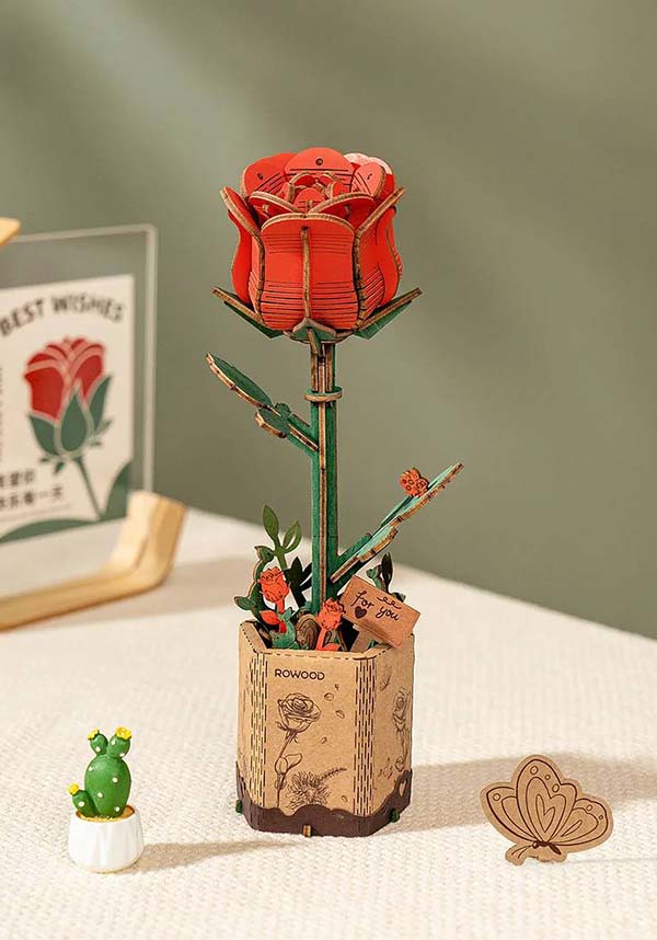 Rolife Preservable 3D Wooden Red Rose Flower Puzzle for Home Decoration