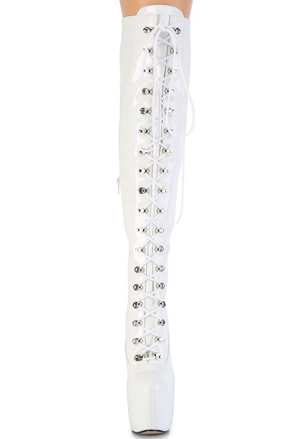 JUBILANT-3012 White Patent Leather Over-The-Knee Platform Boots - Pre-Order
