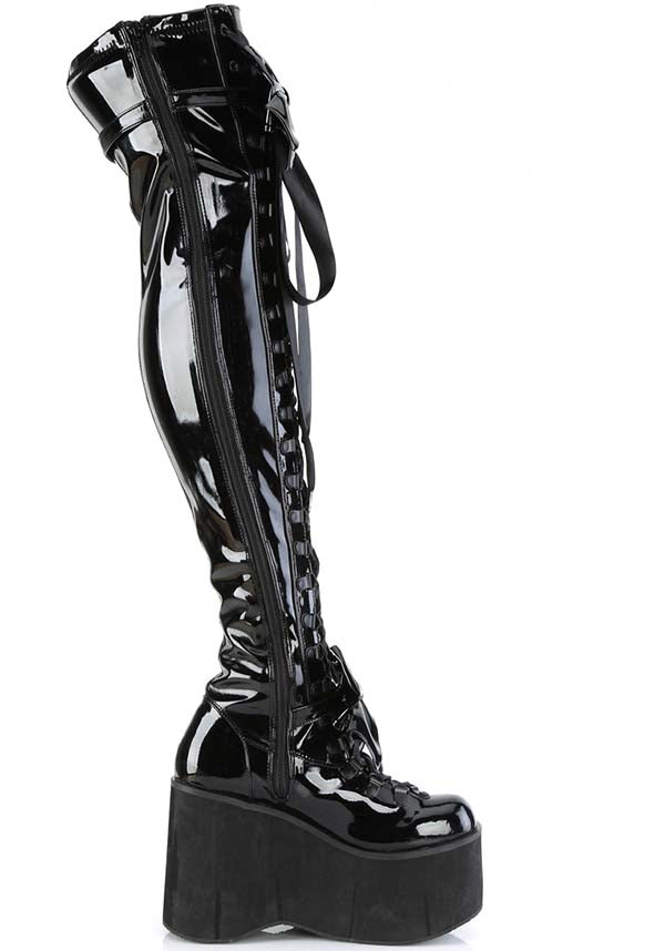D-Ring Lace-Up Black Patent Platform Thigh High Boots [PREORDER]