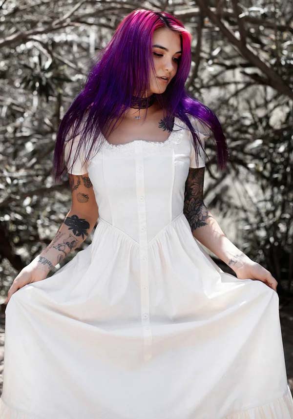 Elegant Ivory Gothic Dress by Lively Ghosts with Lace Details