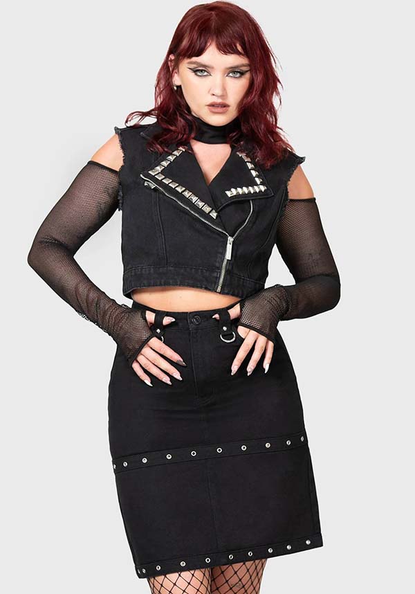 Punktured Denim Knee-Length Studded Fitted Skirt