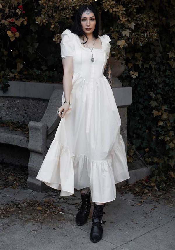 Elegant Ivory Gothic Dress by Lively Ghosts with Lace Details