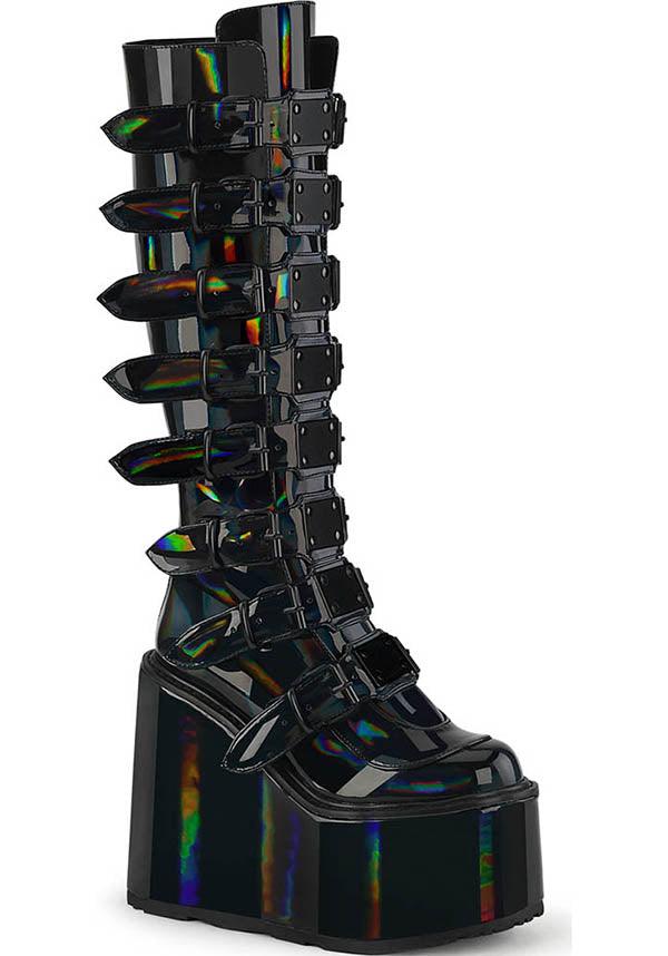 PREORDER: Black Holographic Patent SWING-815 Platform Knee-High Boots