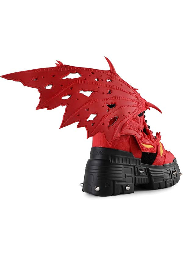 Red Platform Sneakers with Detachable Dragon Wings and Unique Scale Design