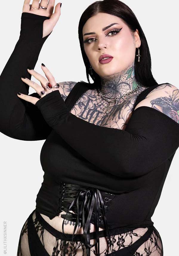 Minerva Cold Shoulder Top with Picot Trim and Corset Design