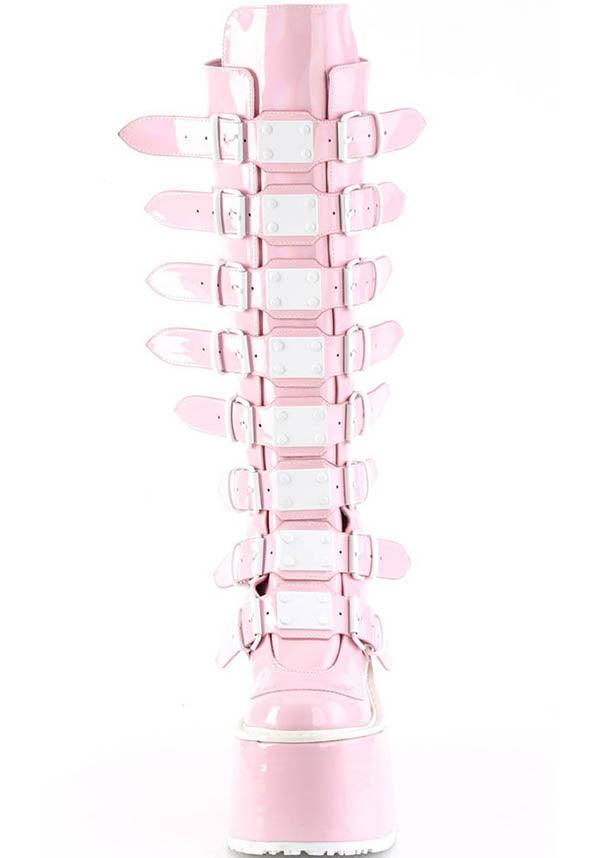 PREORDER - Demonia Baby Pink Holographic Swing-815 Platform Knee High Boots for Fashion Lovers
