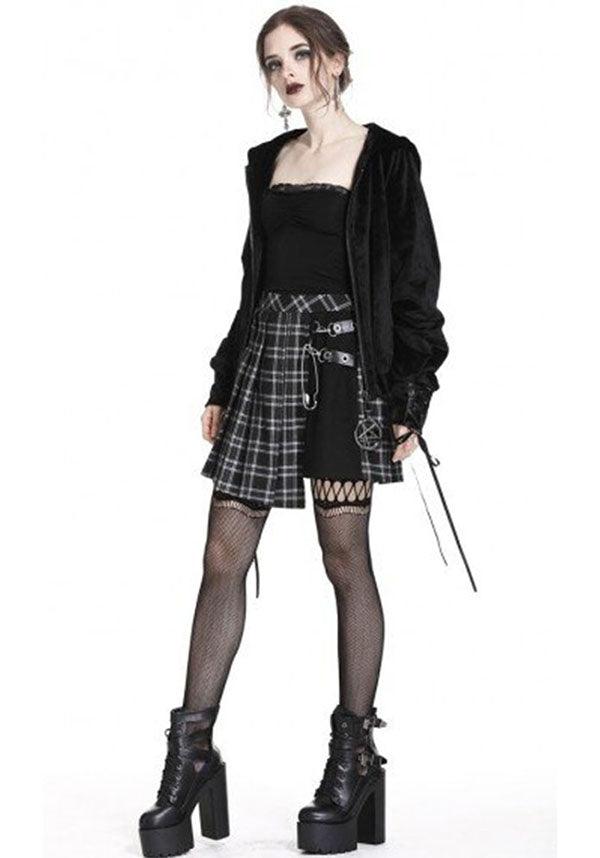 Black Tartan Grunge Style Irregular Hem Pleated Grid Skirt