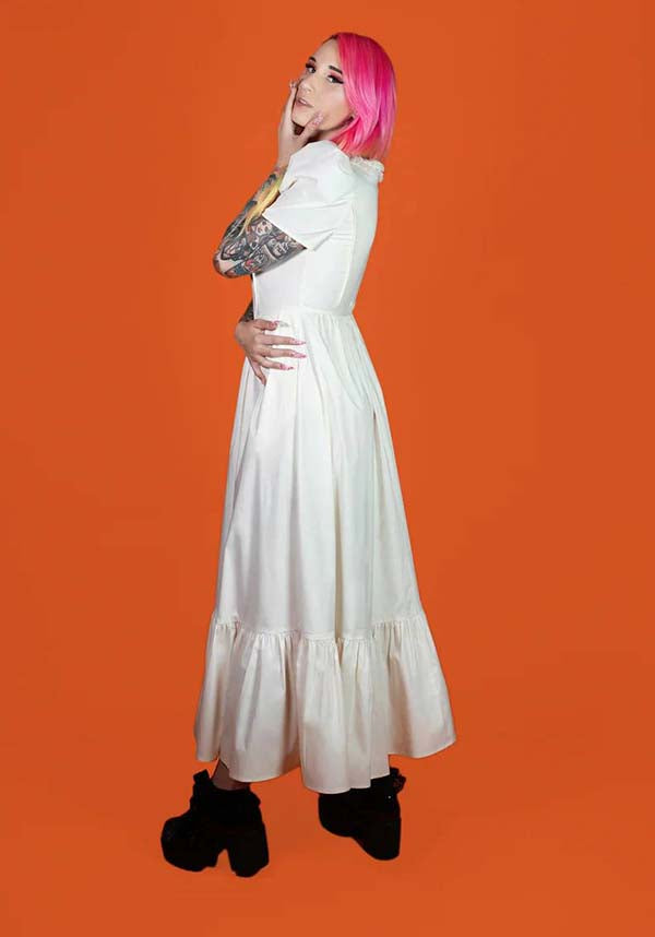 Elegant Ivory Gothic Dress by Lively Ghosts with Lace Details