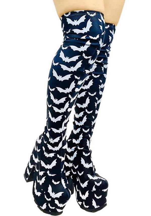 Labyrinth Bat Design Black and White Over-the-Knee Platform Boots