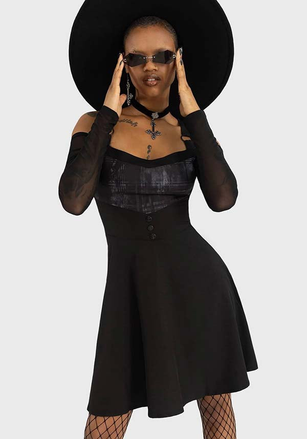 Stormcloud Cold-Shoulder Mini Dress with Washed Effect Print