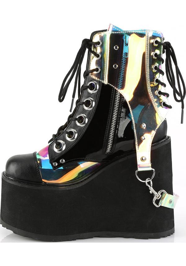 Demonia Pre - Ordered Black and Clear Hologram Swing - 115 Platform Lace - Up Boots